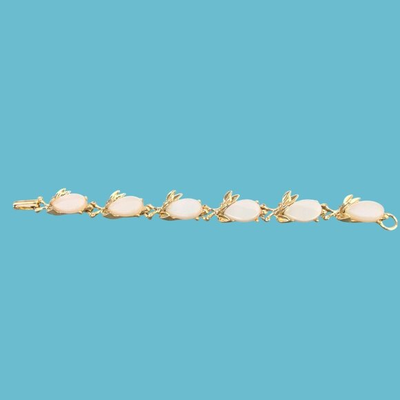 Bling Rescue Jewelry - CORO Bracelet Gold Tone Leaf Link Oval Stone Unsigned Circa 1950s White Wedding